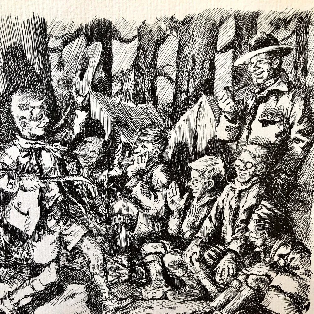Vintage 1968 Lyle Galloway Pen & Ink Print Boy Scout Good Turn Days